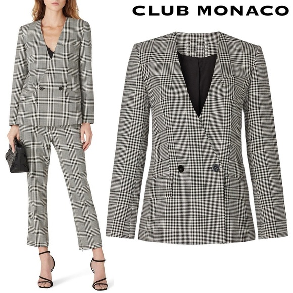 Club Monaco Black White Check Ginghams Double Breasted Collarless Blazer Jacket - Picture 1 of 13